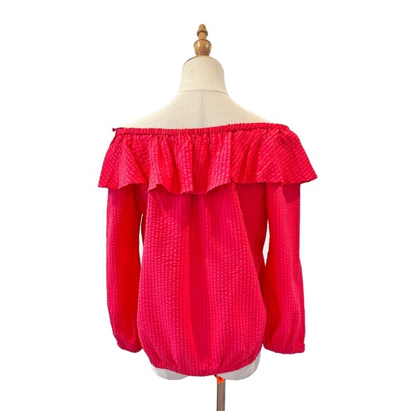 Michael Kors Seersucker Sangria Off the Shoulder Blouse Small NEW - Picture 2 of 11